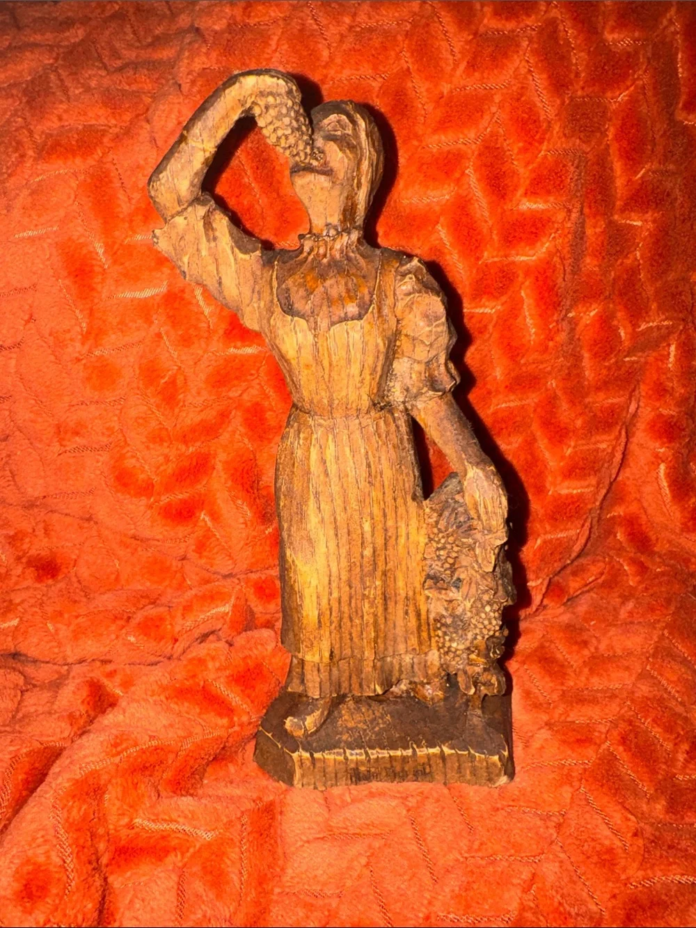 Vintage Hand-Carved Wooden Grape Harvest Lady Figurine / Wine Cellar Decor Art